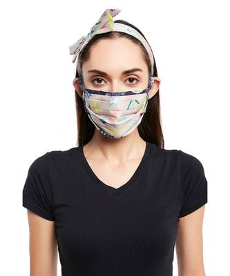 Payal Singhal Lavender Lime Bandhani Kilim And Navy Jannat Print Pleated 3 Ply Mask With Pouch And Hairband Set 3