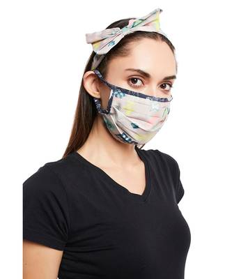 Payal Singhal Lavender Lime Bandhani Kilim And Navy Jannat Print Pleated 3 Ply Mask With Pouch And Hairband Set 4