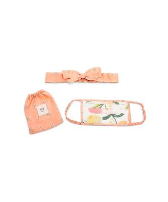Payal Singhal Ivory Hand Painted And Coral Stem Print Pleated 3 Ply Mask With Pouch And Hairband Set 1