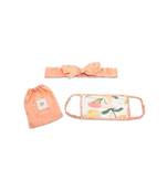 Payal Singhal Ivory Hand Painted And Coral Stem Print Pleated 3 Ply Mask With Pouch And Hairband Set