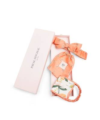 Payal Singhal Ivory Hand Painted And Coral Stem Print Pleated 3 Ply Mask With Pouch And Hairband Set 2