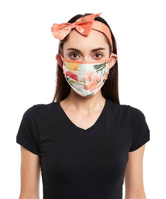 Payal Singhal Ivory Hand Painted And Coral Stem Print Pleated 3 Ply Mask With Pouch And Hairband Set 3