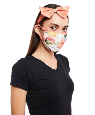 Payal Singhal Ivory Hand Painted And Coral Stem Print Pleated 3 Ply Mask With Pouch And Hairband Set 4