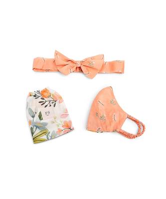Payal Singhal Ivory Hand Painted And Coral Stem Print Reversible 3 Ply Mask With Pouch And Hairband Set 1