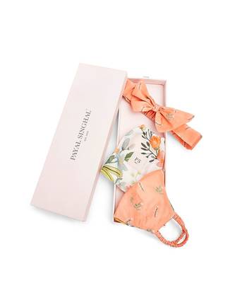 Payal Singhal Ivory Hand Painted And Coral Stem Print Reversible 3 Ply Mask With Pouch And Hairband Set 2