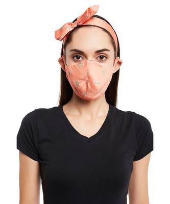 Payal Singhal Ivory Hand Painted And Coral Stem Print Reversible 3 Ply Mask With Pouch And Hairband Set 3