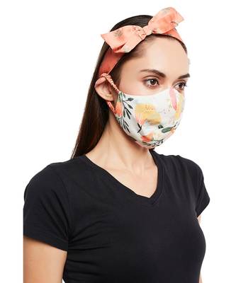 Payal Singhal Ivory Hand Painted And Coral Stem Print Reversible 3 Ply Mask With Pouch And Hairband Set 4