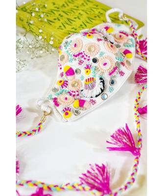 Payal Singhal Cream Linen Multi Coloured Wool Embroidered Mask With Detachable Chain Tassel 1