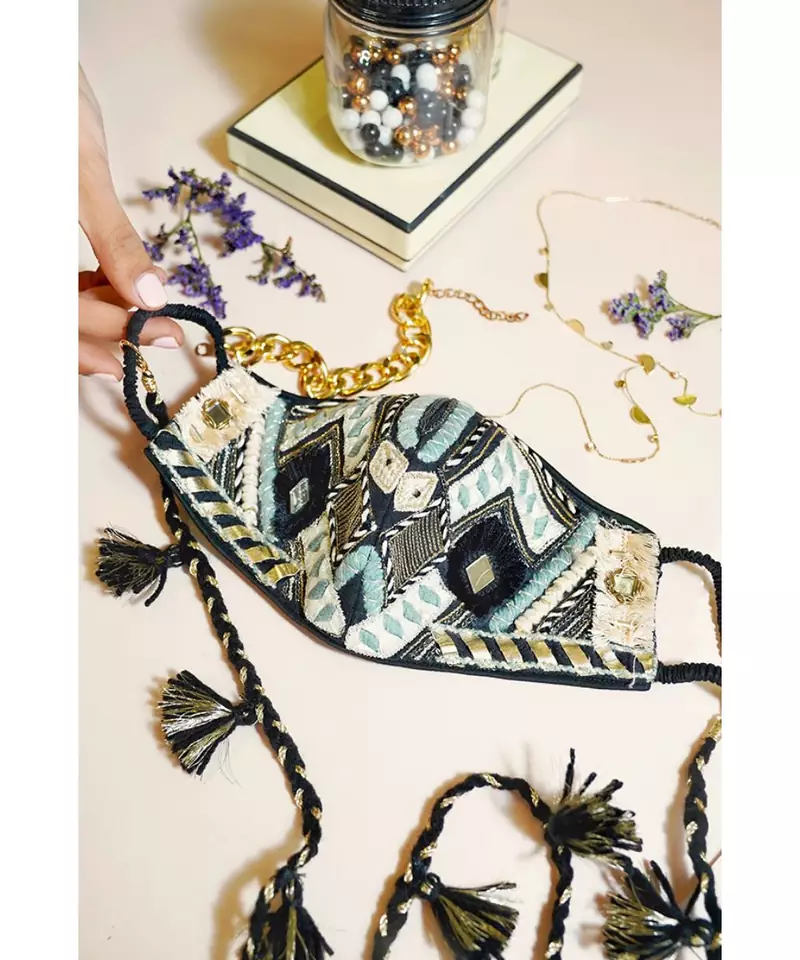 Black Dupion Silk Geometric Embroidered Mask With Detachable Chain Tassel