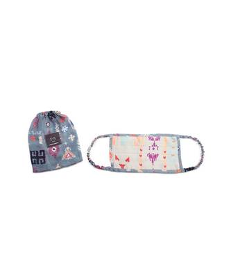 PS Men by Payal Singhal Grey Ikat Stripe and Blue Bandhani Kilim Print Pleated 3 Ply Mask with Pouch for Men 1