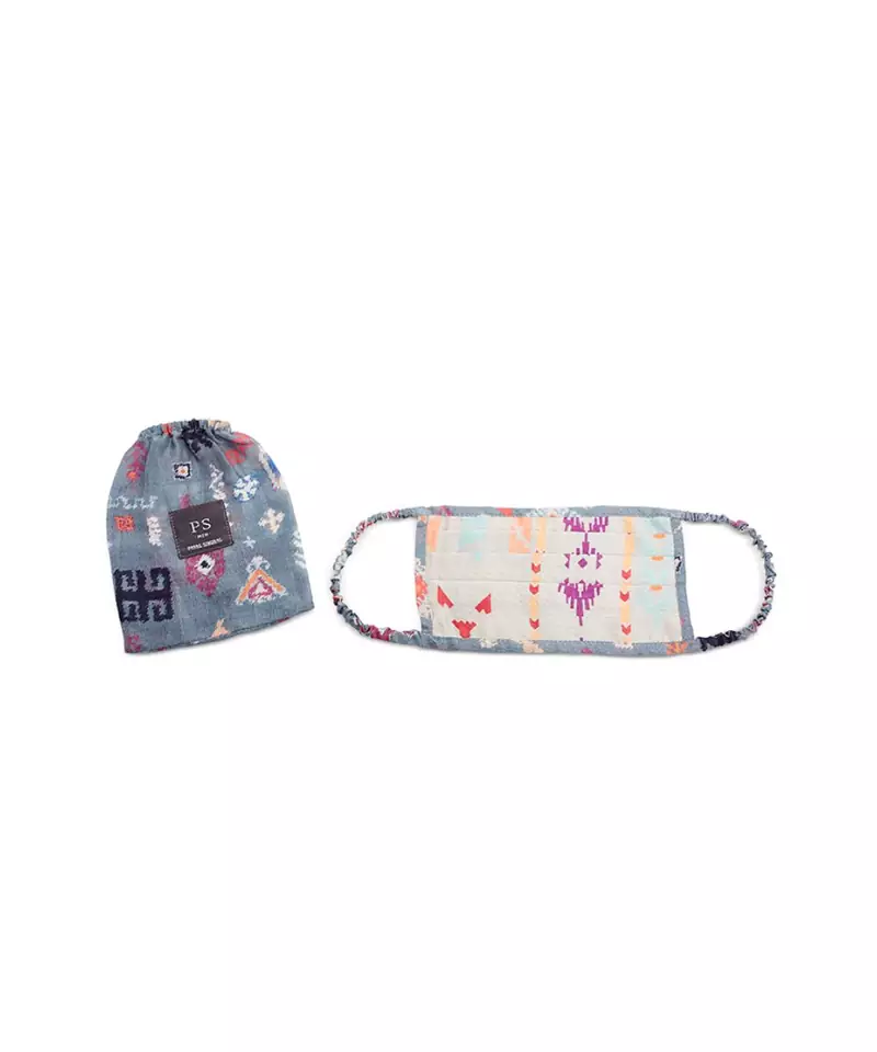 Men Grey Ikat Stripe Blue Bandhani Kilim Print Pleated  Ply Mask with Pouch for Men