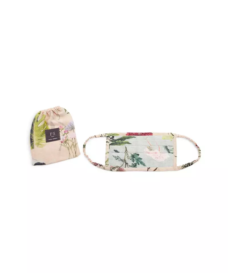 Men Powder Blue Bageecha Peach Bageecha Print Pleated  Ply Mask with Pouch for Men
