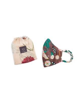 PS Men by Payal Singhal Brown Abutilon and Peach Bageecha Print Reversible 3 Ply Mask with Pouch for Men 1