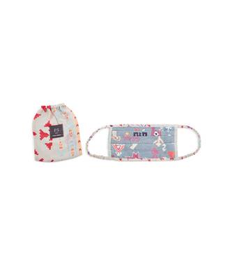PS Men by Payal Singhal Blue Bandhini Kilim and Grey Ikat Stripe Print Pleated 3 Ply Mask with Pouch for Men 1