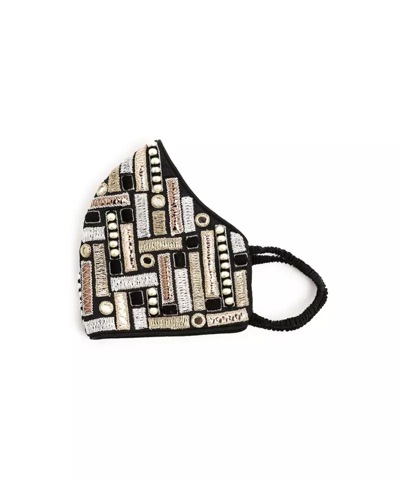 Black Dupion Silk Dash Embroidered Mask
