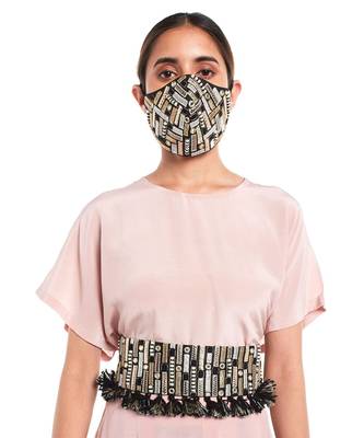 Payal Singhal Black Dupion Silk Dash Embroidered Mask 2