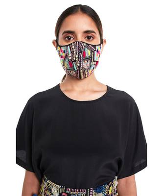 Payal Singhal Black Dupion Silk Kutch Embroidered Mask 2