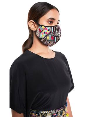 Payal Singhal Black Dupion Silk Kutch Embroidered Mask 3