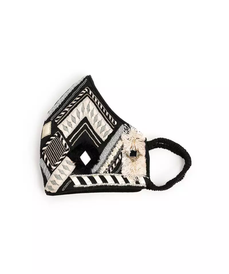 Black Dupion Silk Geometric Embroidered Mask