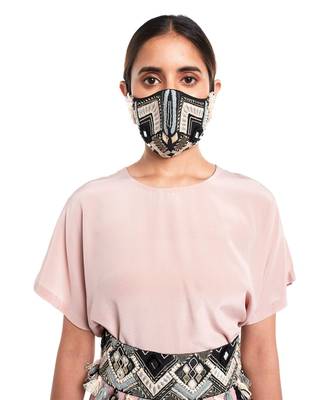 Payal Singhal Black Dupion Silk Geometric Embroidered Mask 2