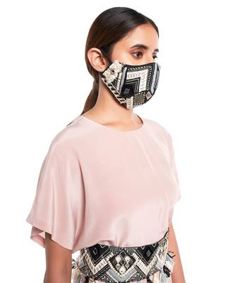Payal Singhal Black Dupion Silk Geometric Embroidered Mask 3