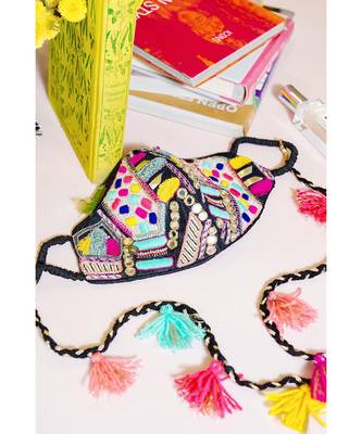Payal Singhal Black Dupion Silk Kutch Embroidered Mask With Detachable Chain Tassels 1