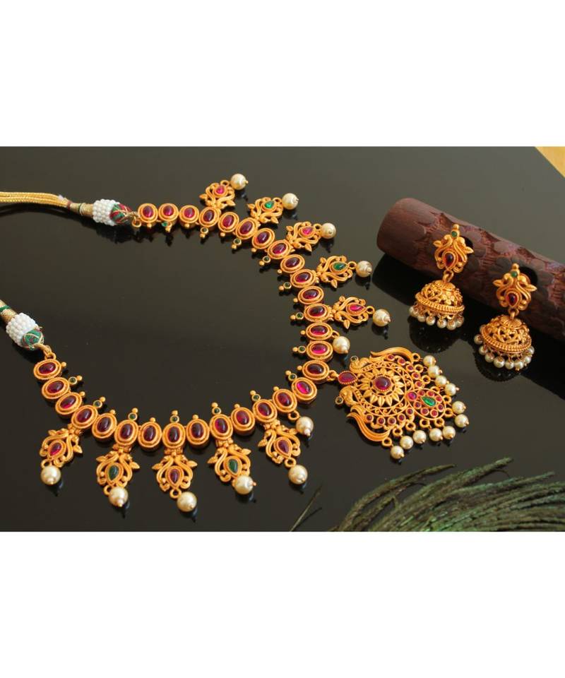 Matte Finish Ruby Green Designer Necklace Set 28456