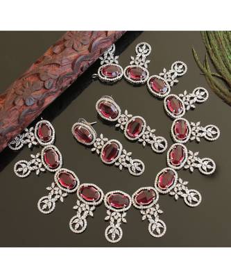 Cz Silver T1 Magenta Pink Designer Necklace Set 28459 1