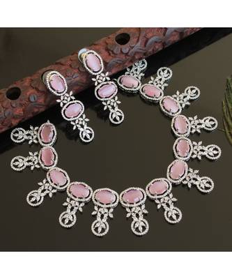 Cz Silver T1 Baby Pink Monalisa Designer Necklace Set 28460 1