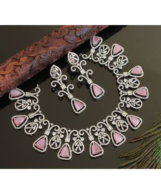 Cz Silver T1 Baby Pink Monalisa Designer Necklace Set 28466 1