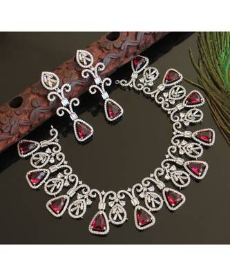 Cz Silver T1 Magenta Pink Designer Necklace Set 28469 1