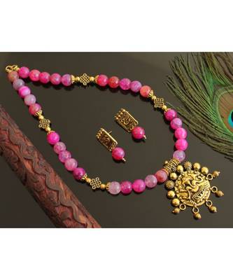 Gold T1 Pink Agates Ganesha Designer Necklace Set 28475 1