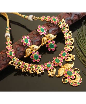 Splendid gold t1 semi precious ruby-emerald necklace set-02026 1