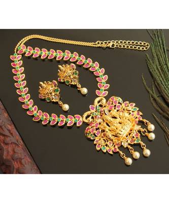 Splendid gold t1 semi precious ruby-emerald lakshmi necklace set-02030 1