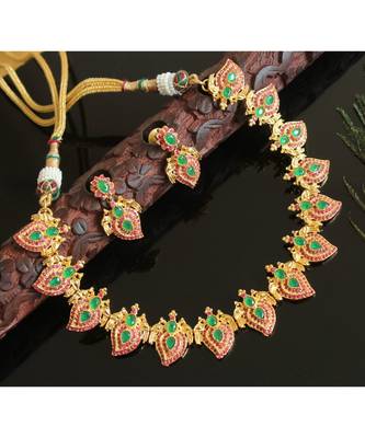 Splendid gold t1 semi precious ruby-emerald mango necklace set-02005 1