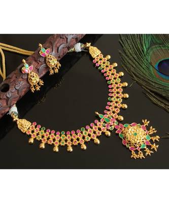 Splendid gold t1 semi precious ruby-emerald necklace set-02006 1