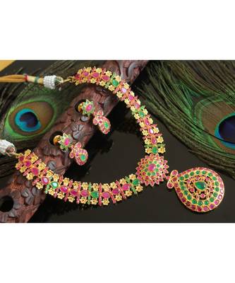 Splendid gold t1 semi precious ruby-emerald necklace set-02008 1
