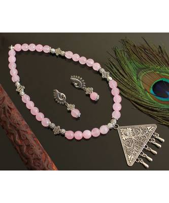 Silver T1 Baby Pink Agates Necklace Set 28488 1