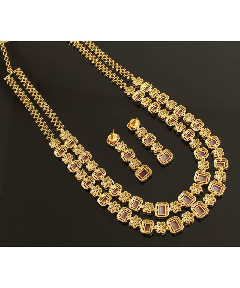 Gold T1 Cz Green Double Layer Designer Necklace Set 28496