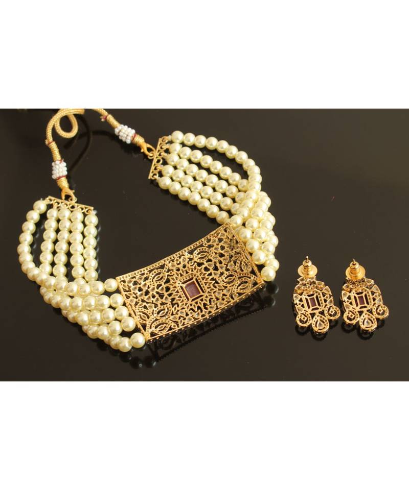 Dual T1 Cz Ruby Pearl Designer Choker Set 28500