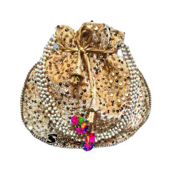 Shoptory India Sequined Handcrafted Wristlets Potli Bag - Gold/Gold 1