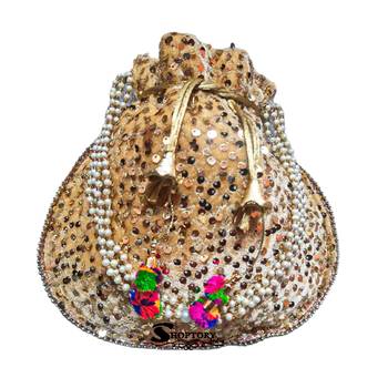 Shoptory India Sequined Handcrafted Wristlets Potli Bag - Gold/Gold 3