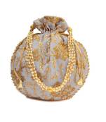 Wristlets Embroidered Jaipuri Rajasthani Style Matka Potli For Women & Girls - Grey