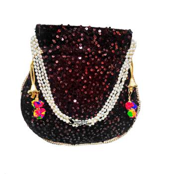 Shoptory India Sequined Handcrafted Wristlets Potli Bag - Maroon 3