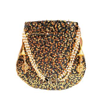 Shoptory India Sequined Handcrafted Wristlets Potli Bag - Gold/Black 2