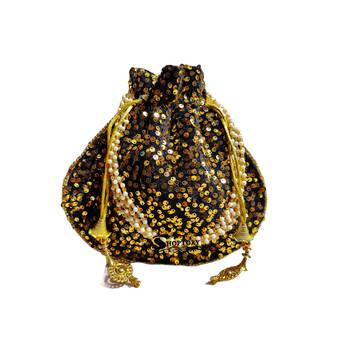 Shoptory India Sequined Handcrafted Wristlets Potli Bag - Gold/Black 4