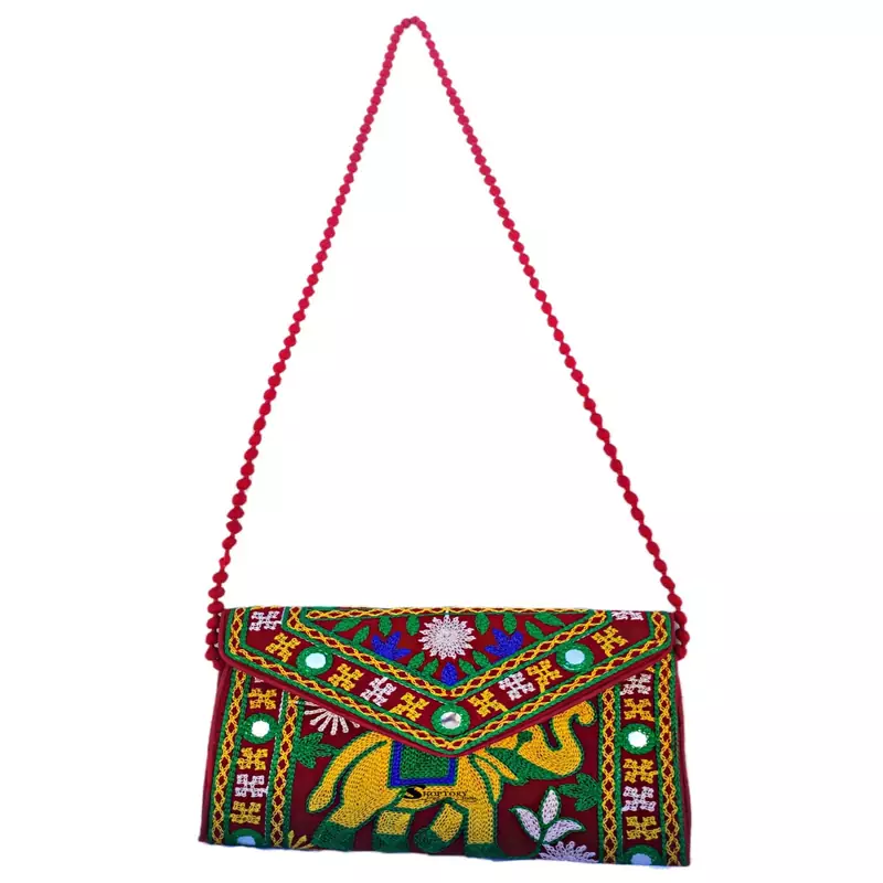 Embroidered Elephant Design Rajasthani Traditional Casual Party Sling Bag For Women Girls - Red