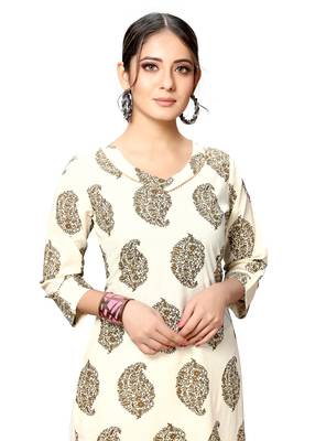 Varyaa Women's Cream Coloured Cotton Jaipuri Printed Kurti  5
