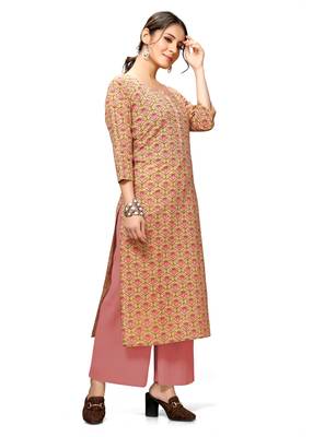 Varyaa Women's Light Brown Coloured Cotton Jaipuri Floral Printed Kurti  3