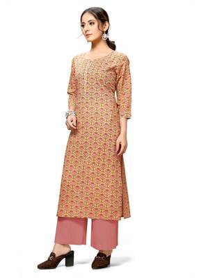 Varyaa Women's Light Brown Coloured Cotton Jaipuri Floral Printed Kurti  4